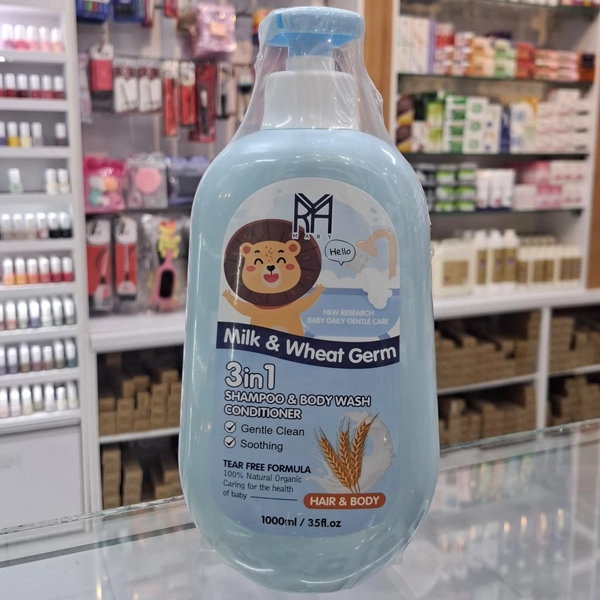 شامپو و شامپو بدن بچه 3 در 1 مری کره ای اصل نرم کننده حاوی شیر و عصاره گندم آبی رنگ 1000 میل | MARY Shampoo Hair & Body Baby Daily Milk & Wheat Germ 1000ml